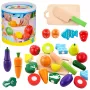 LEAN TOYS Köögivilja- ja puuviljalõikamiskomplekt ämbriga, lõikelaud ja nuga, puidust