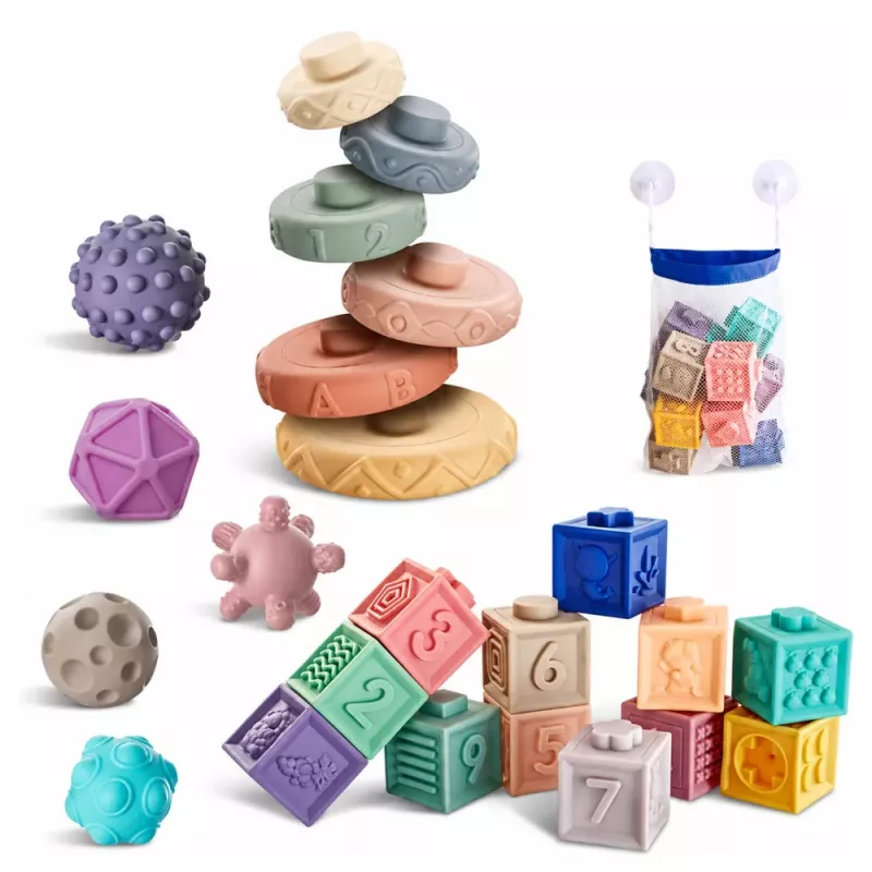 LEAN TOYS Pehmed Kummist Õppeklotsid Loomad Numbrid Mustrid Värvilised 27 tk