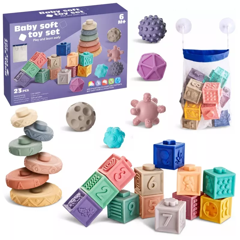 LEAN TOYS Pehmed Kummist Õppeklotsid Loomad Numbrid Mustrid Värvilised 27 tk