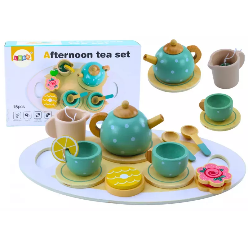 LEAN TOYS Tee- ja kohvikomplekt lastele puidust 15-osaline