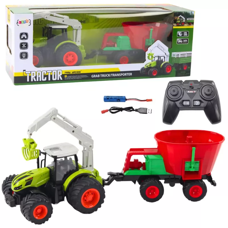 LEAN TOYS Põllumajandustraktor külviku ja pöörleva haaratsiga, kaugjuhitav 2.4G