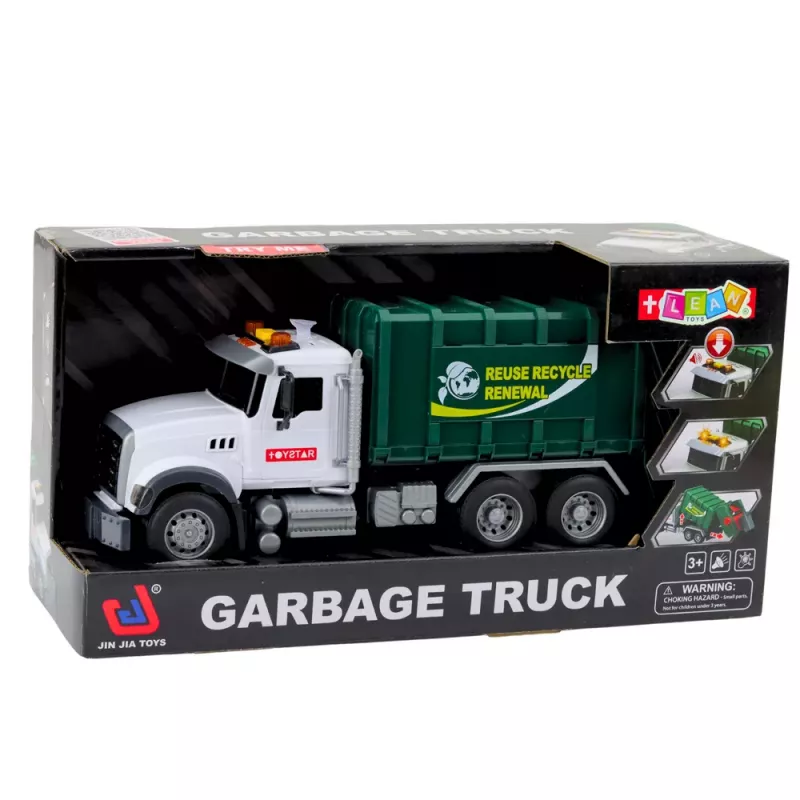 LEAN TOYS Prügiauto prügikastide, tulede ja helidega, roheline, mõõtkavas 1:14