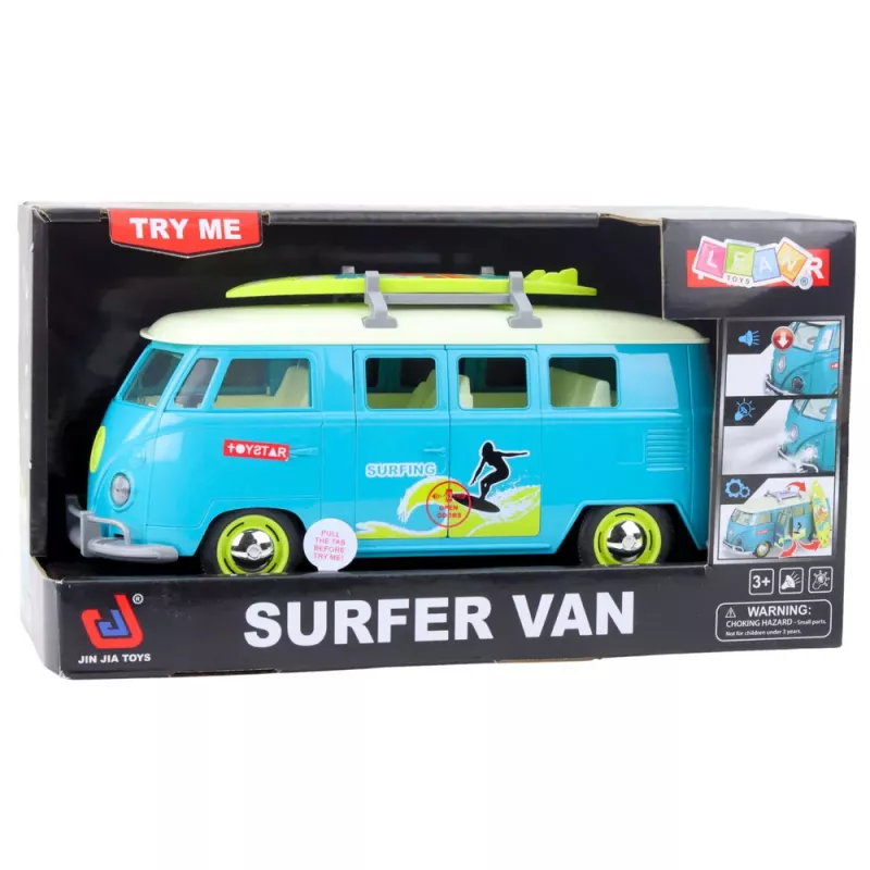 LEAN TOYS Car Surfer Van Bus Surfilaudaga, Tulede ja Helidega, Türkiissinine
