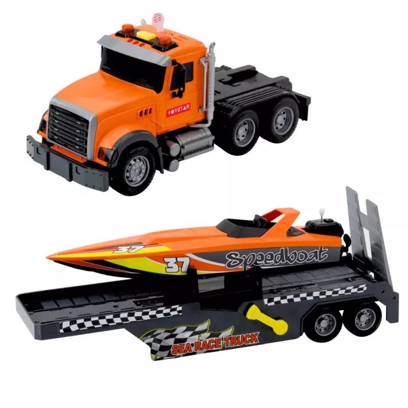 LEAN TOYS Veoauto koos üleskeeratava mootorpaadi, tulede ja helidega, oranž komplekt