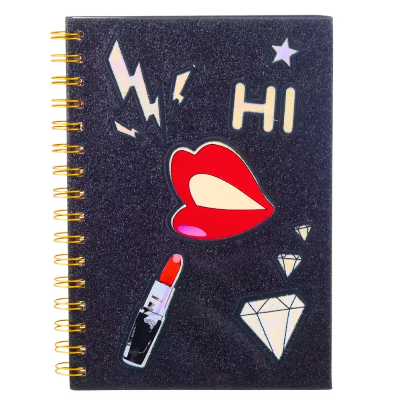 LEAN Notebook Lined Notebook Patches Lips Lipstick Glitter Black A5 80 Sheets