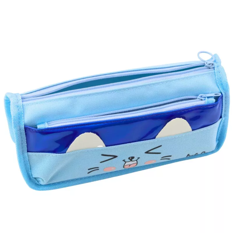LEAN TOYS Kooli pliiatsikott kahe taskuga kassimotiiviga sinine 22cm