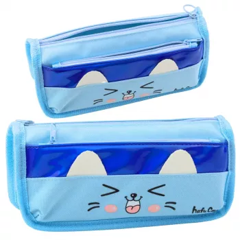LEAN TOYS Kooli pliiatsikott kahe taskuga kassimotiiviga sinine 22cm