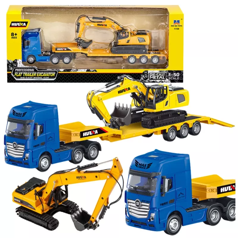 Huina 1:50 Diecast veok haagisega ja metallist ekskavaator kollane