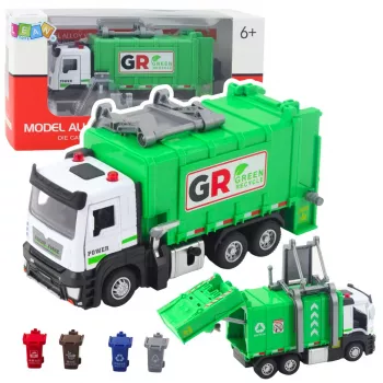 LEAN TOYS Prügiauto mootoriga 4 prügikasti tulede ja helidega Roheline