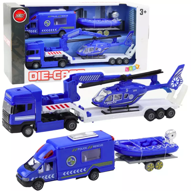 LEAN TOYS Politsei Päästeauto Paat Veoauto Helikopter Sinine Komplekt