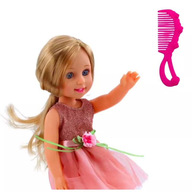 LEAN TOYS Nukk kleidis ja vibuga, pikkade juustega, roosa, kamm, 38 cm