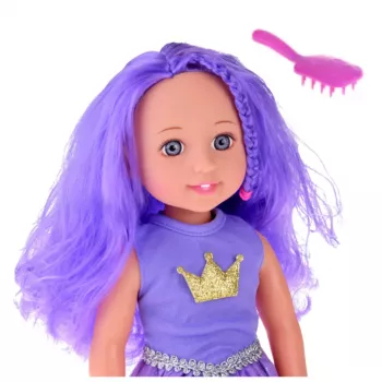 LEAN TOYS Nukk kleidis ja krooniga, pikkade lillade juuste ja harjaga, 38 cm