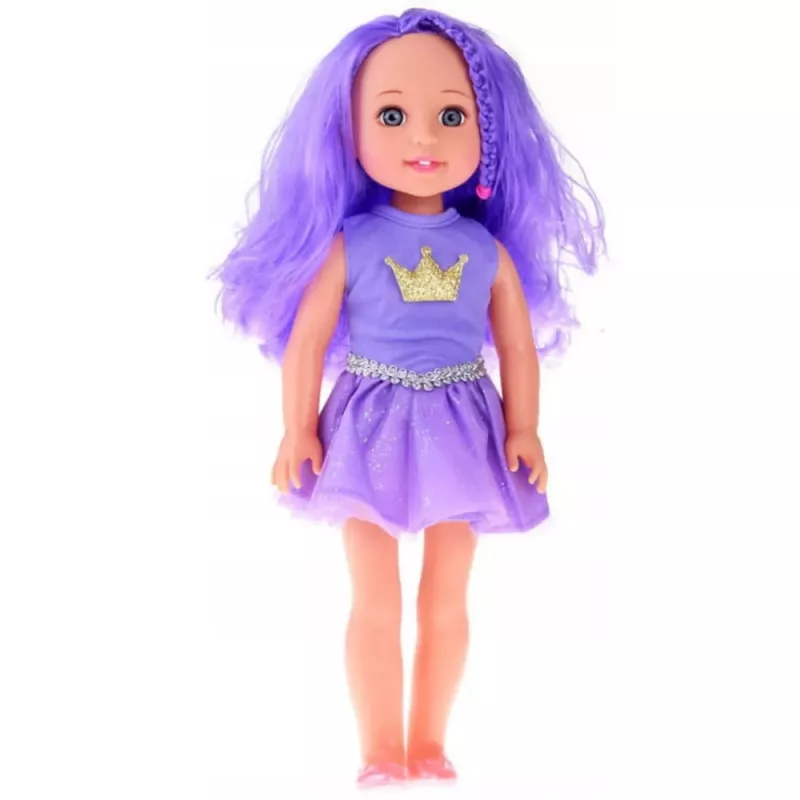 LEAN TOYS Nukk kleidis ja krooniga, pikkade lillade juuste ja harjaga, 38 cm