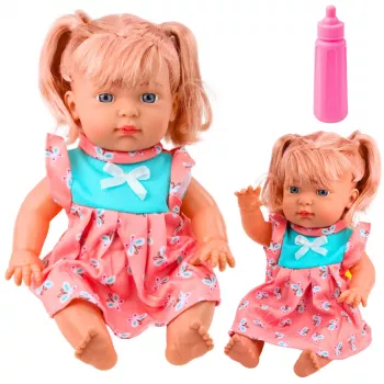 LEAN TOYS Beebinukk värvilise kleidi, poni, pudeli ja heliga