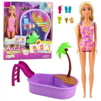 LEAN TOYS Anlily nukukomplekt rannas basseini palmipuu aksessuaaridega 8 tk