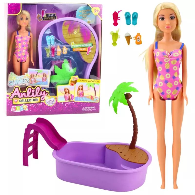 LEAN TOYS Anlily nukukomplekt rannas basseini palmipuu aksessuaaridega 8 tk