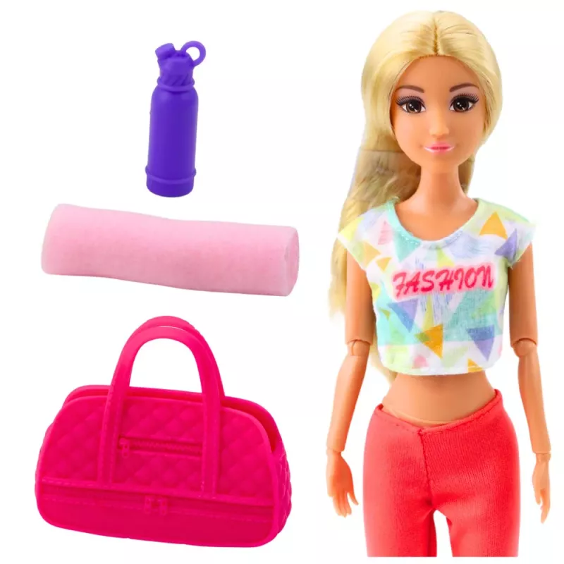 LEAN TOYS Anlily jooganukk treeningmati, veepudeli ja spordikotiga, liikuvate jäsemetega, 29 cm, blondide juuste ja siniste silmadega, sportlikus riietuses, lastele alates 3. eluaastast