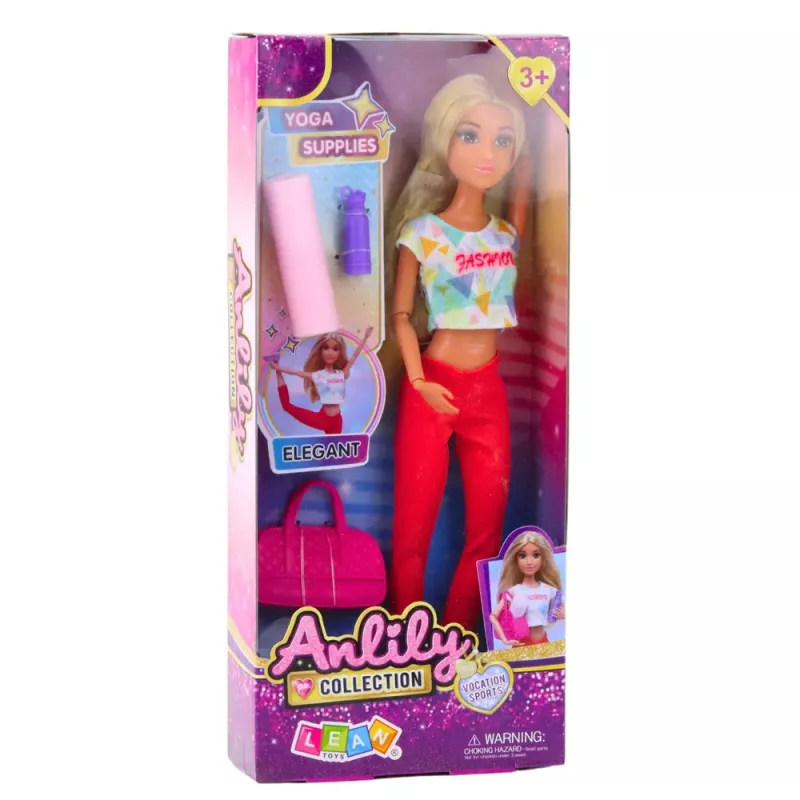 LEAN TOYS Anlily jooganukk treeningmati, veepudeli ja spordikotiga, liikuvate jäsemetega, 29 cm, blondide juuste ja siniste silmadega, sportlikus riietuses, lastele alates 3. eluaastast