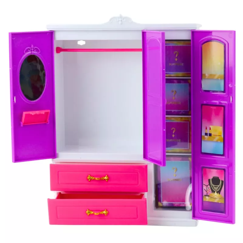 LEAN TOYS Anlily nukukapp riiulite, sahtlite ja riietusruumi tarvikutega, 24 tk