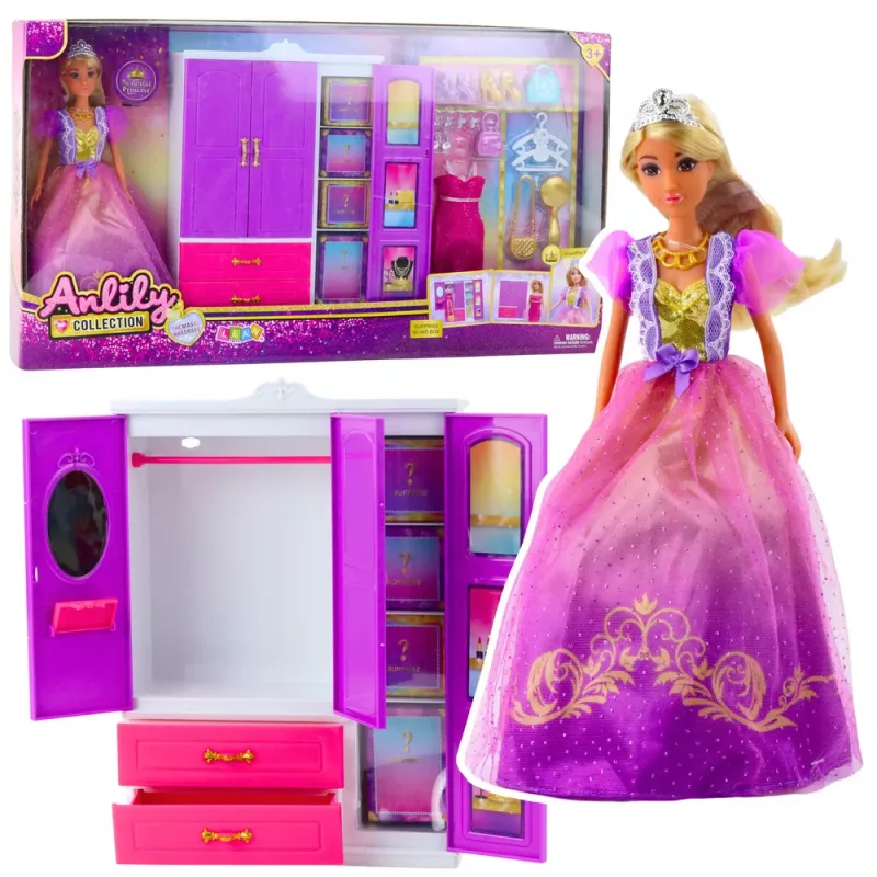 LEAN TOYS Anlily nukukapp riiulite, sahtlite ja riietusruumi tarvikutega, 24 tk
