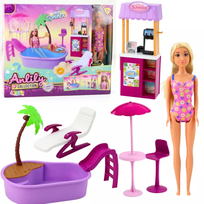 LEAN TOYS Anlily Nukukomplekt Rannas Basseini, Palmipuu, Joogialuse ja Aksessuaaridega