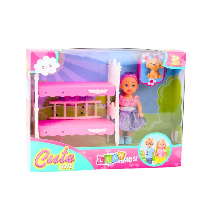 LEAN TOYS Mini Doll in Dress Double-decker Bed Dog Set