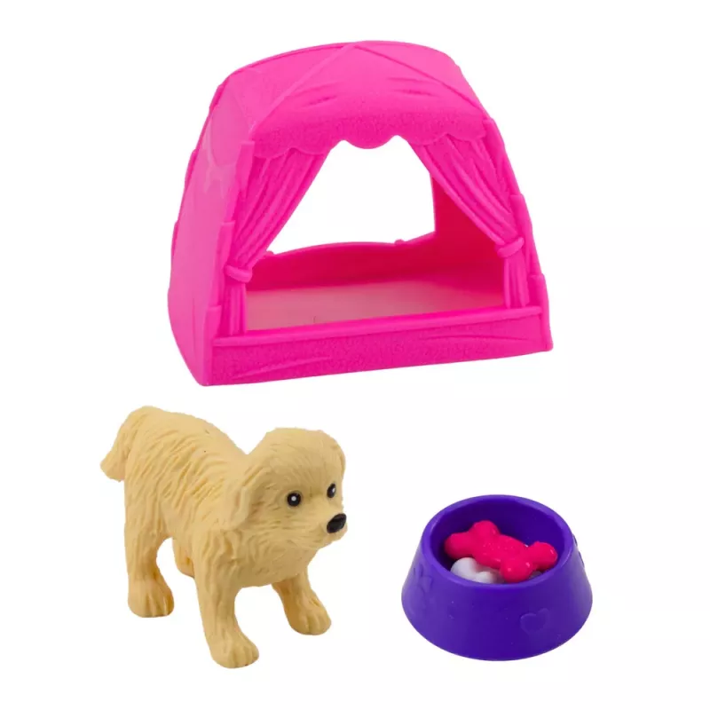 LEAN TOYS Mini Nukukomplekt koeraga, telgi ja aksessuaaridega