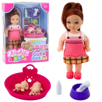 LEAN TOYS Mini nukukomplekt kahe kutsika, voodi, kausi ja pudeliga