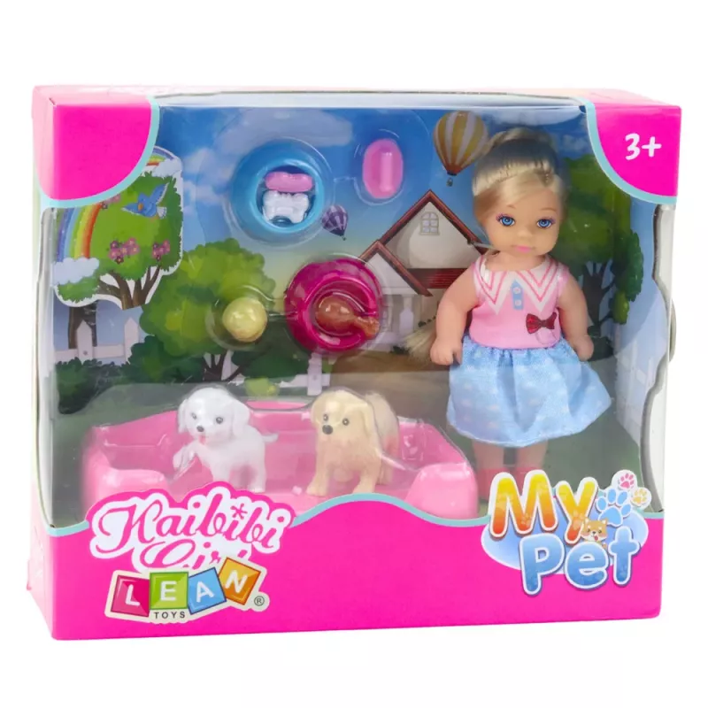 LEAN TOYS Mini Nukukomplekt kahe koera, voodi ja toidukausiga
