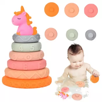 LEAN TOYS Püramiiditorn väikelastele kummist pehmed klotsid Ükssarvik