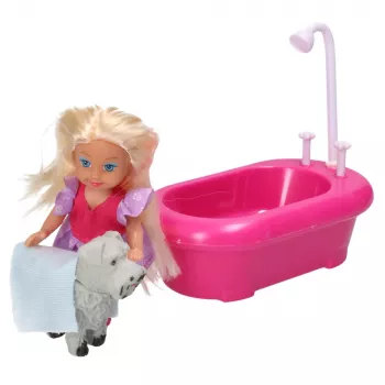 LEAN TOYS Mini Nukukomplekt Vanniga ja Valge Koeraga Roosa