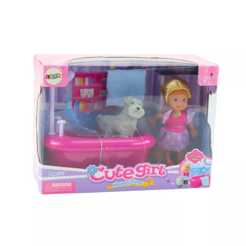 LEAN TOYS Mini Nukukomplekt Vanniga ja Valge Koeraga Roosa