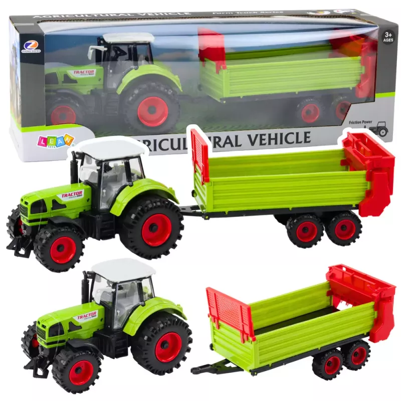 LEAN TOYS Traktor haagisega, hõõrdajam, avatav kapott ja uksed, roheline