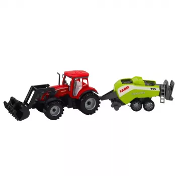 LEAN TOYS Traktori komplekt laaduri ja põllumajandusliku pallipressiga, punane