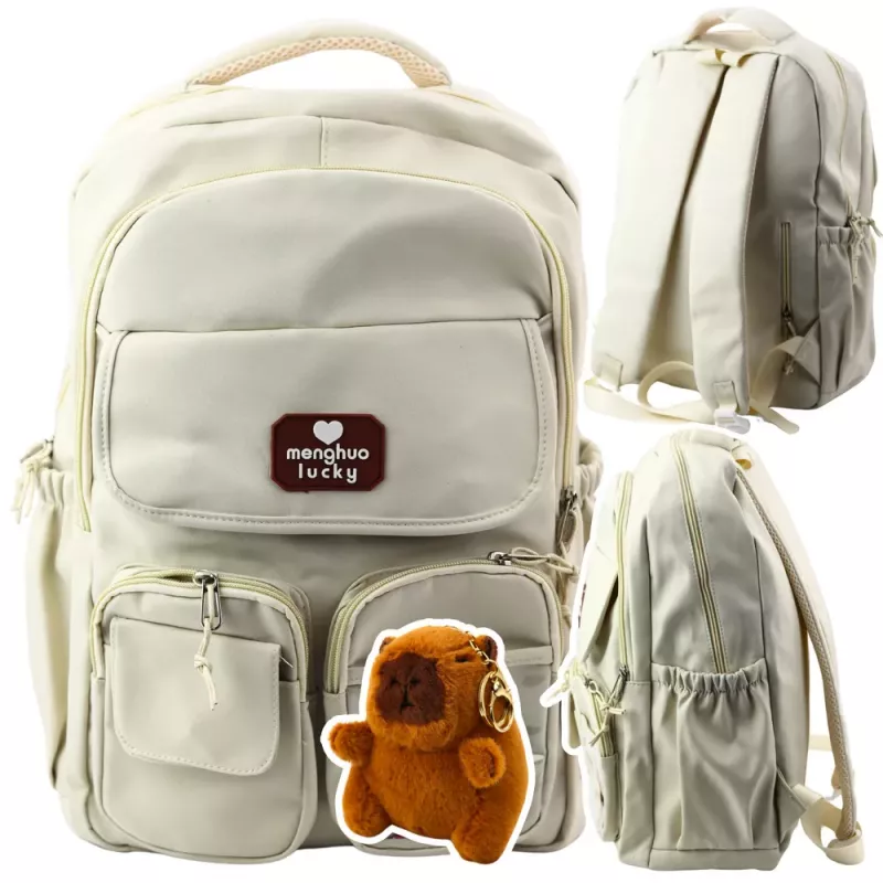 LEAN Urban School Backpack Capybara Keychain Badges Beige Cream 25L 42cm