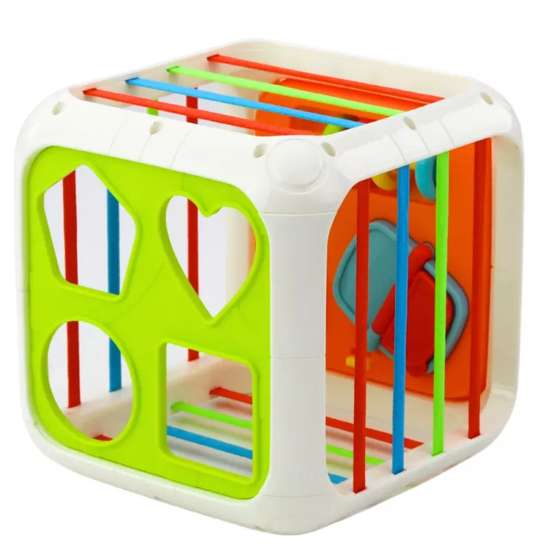 LEAN TOYS Sensory Cube Educational Shape Sorter for Children, Flexible Elastic Bands, 6 Shapes, Multi-Colored