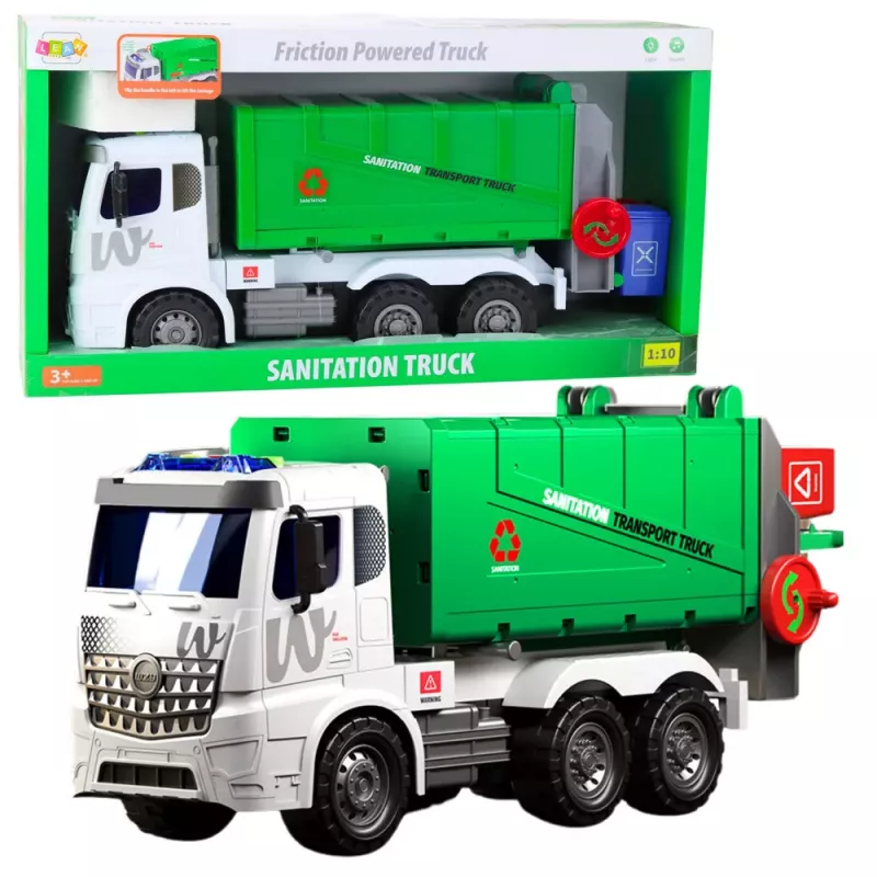 LEAN TOYS Suur prügiauto tõstefunktsiooniga 2 prügikasti tulede ja helidega roheline 1:10