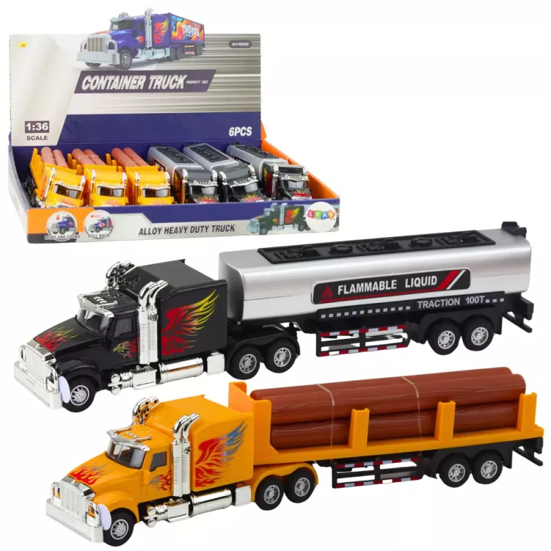 LEAN TOYS Tank Truck Timber Transport Pull-Back Drive Lights Sounds 1:36
