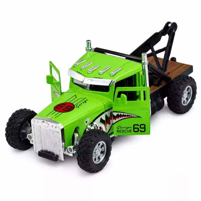 LEAN TOYS Classic Tow Truck With Pull-Back Drive, Metal, Opening Doors, 1:32 Mix