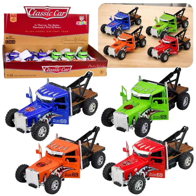 LEAN TOYS Classic Tow Truck With Pull-Back Drive, Metal, Opening Doors, 1:32 Mix