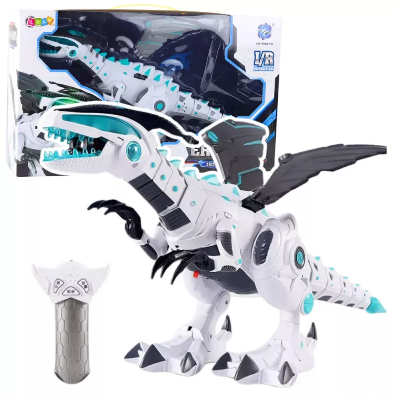 LEAN TOYS RC Remote Controlled Dinosaur Robot with Wings Lights and Sounds White