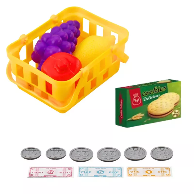 LEAN TOYS Kassasüsteem lastele koos ostukorvi, puuviljade, helide ja tuledega, roheline