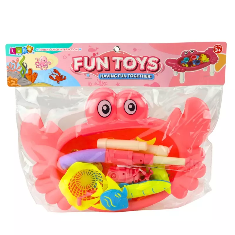 LEAN TOYS Kalapüügikomplekt: Krabilaud, 10 kala, õngeritv, sõel, roosa