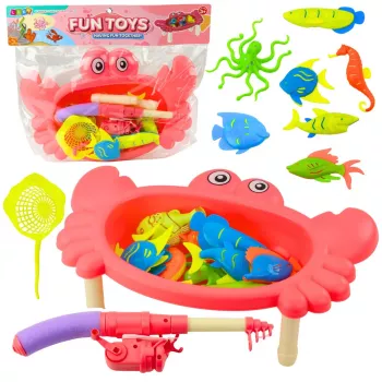 LEAN TOYS Kalapüügikomplekt: Krabilaud, 10 kala, õngeritv, sõel, roosa