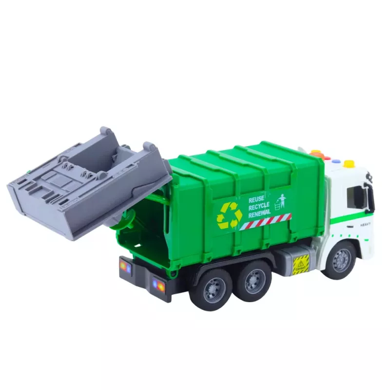 LEAN TOYS Prügiauto prügikastiga, tulede ja helidega, roheline, mõõtkavas 1:16