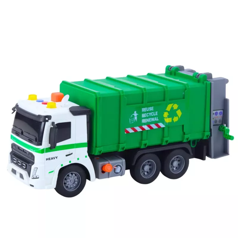 LEAN TOYS Prügiauto prügikastiga, tulede ja helidega, roheline, mõõtkavas 1:16