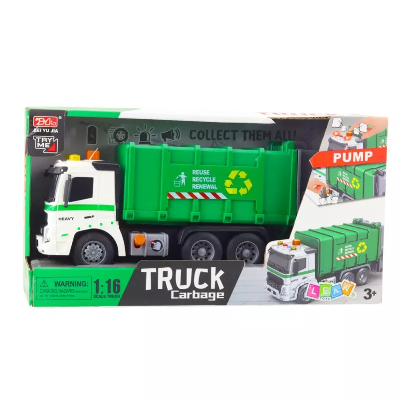 LEAN TOYS Prügiauto prügikastiga, tulede ja helidega, roheline, mõõtkavas 1:16