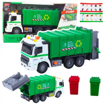 LEAN TOYS Prügiauto prügikastiga, tulede ja helidega, roheline, mõõtkavas 1:16