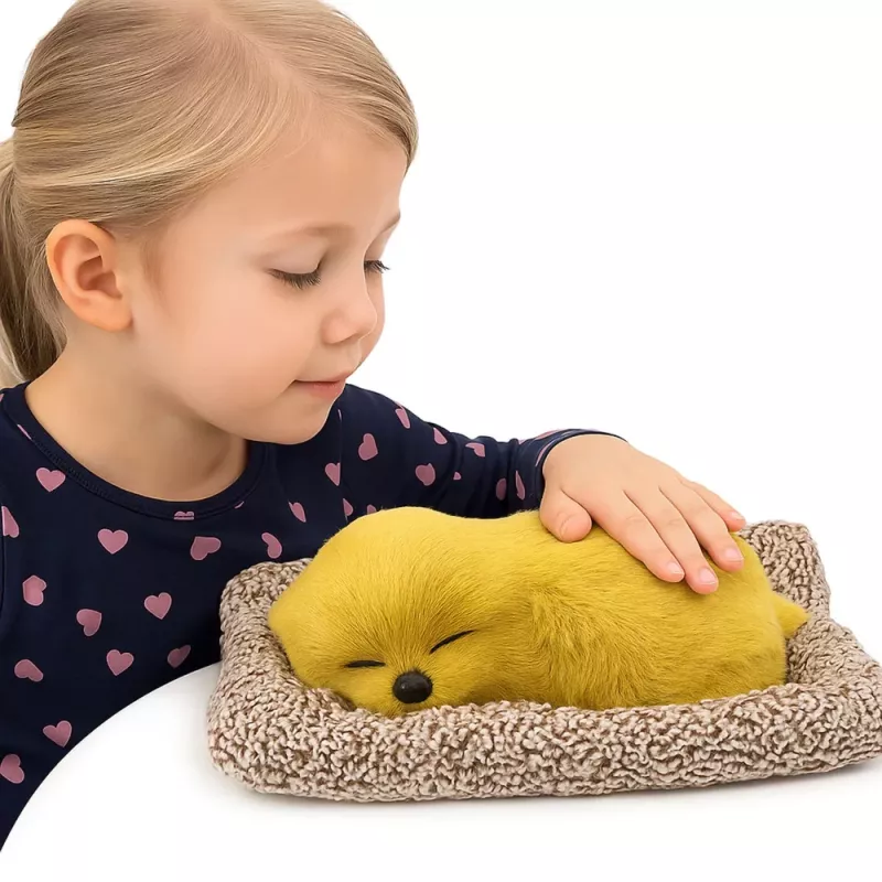LEAN TOYS Magusa labradori kutsikas padjal - kujuke karusnahaga ja läbipaistva kotiga