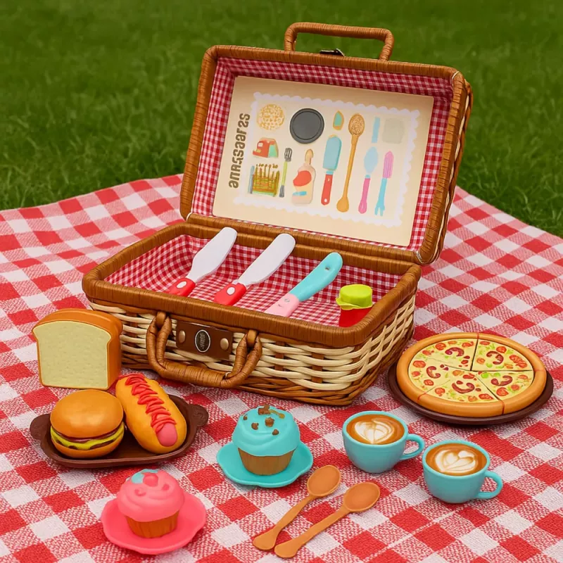 LEAN TOYS Piknikukorvi komplekt punutud toidutarvikutega 33 tk